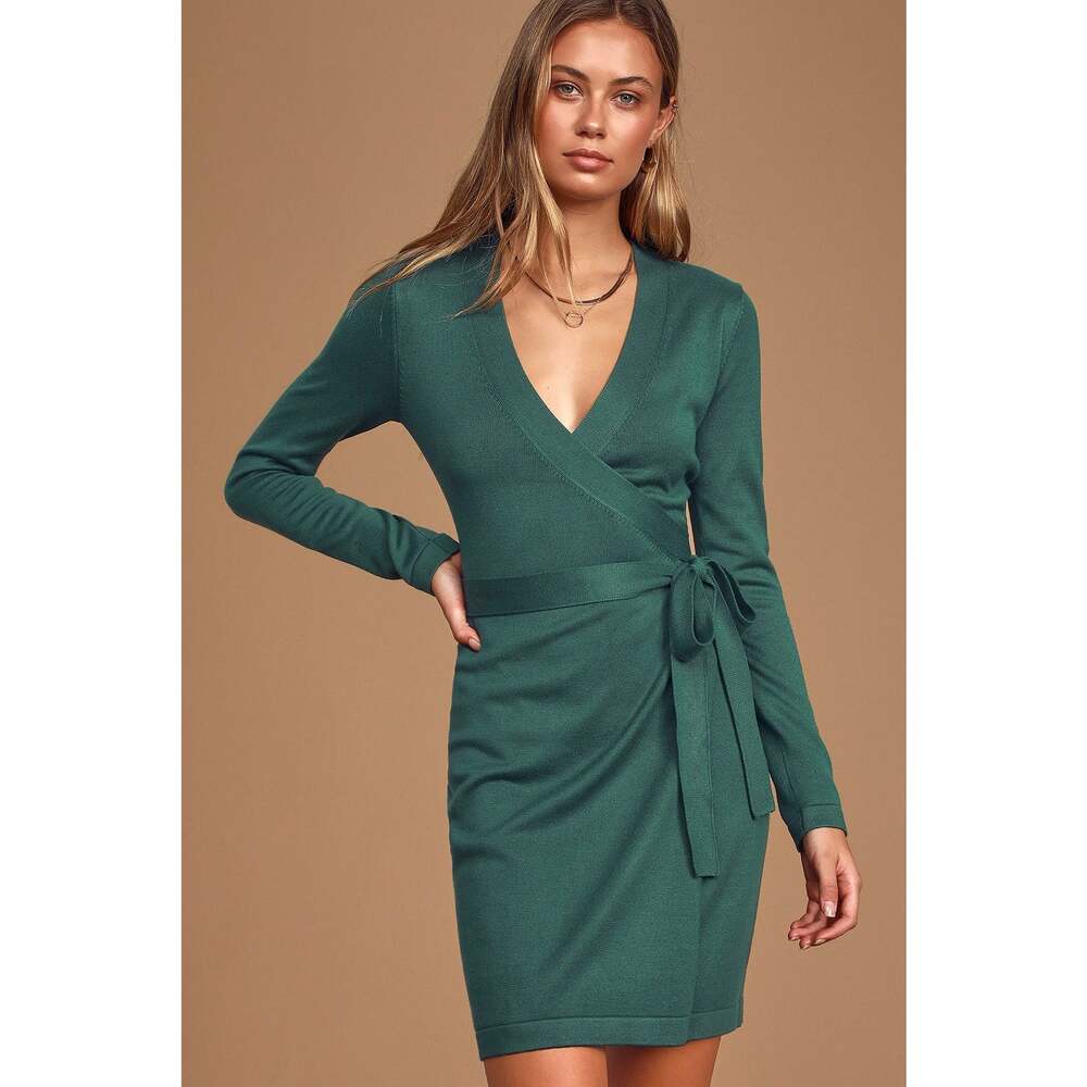 Lulus Literary Lover Forest Green Wrap Sweater Dress L NWT
